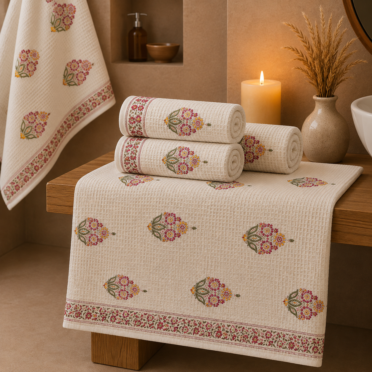 Ivory Floral Handcrafted Pure Cotton Waffle Towels – Set of 3
