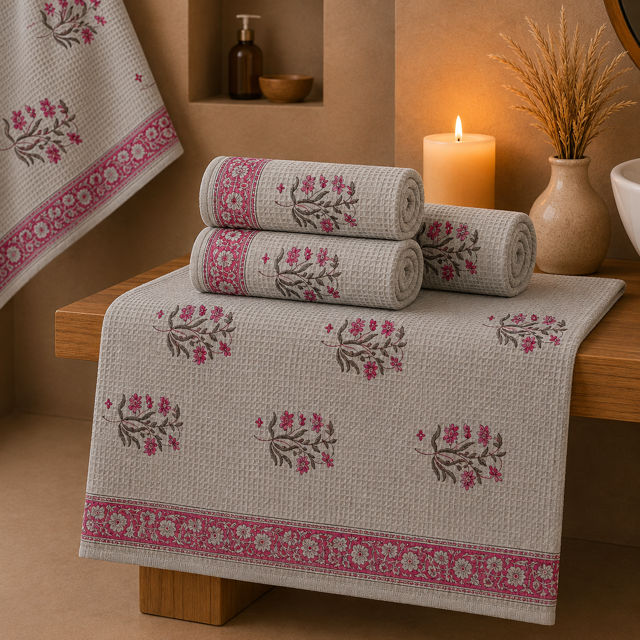 Pink Floral Handcrafted Pure Cotton Waffle Towels – Set of 3