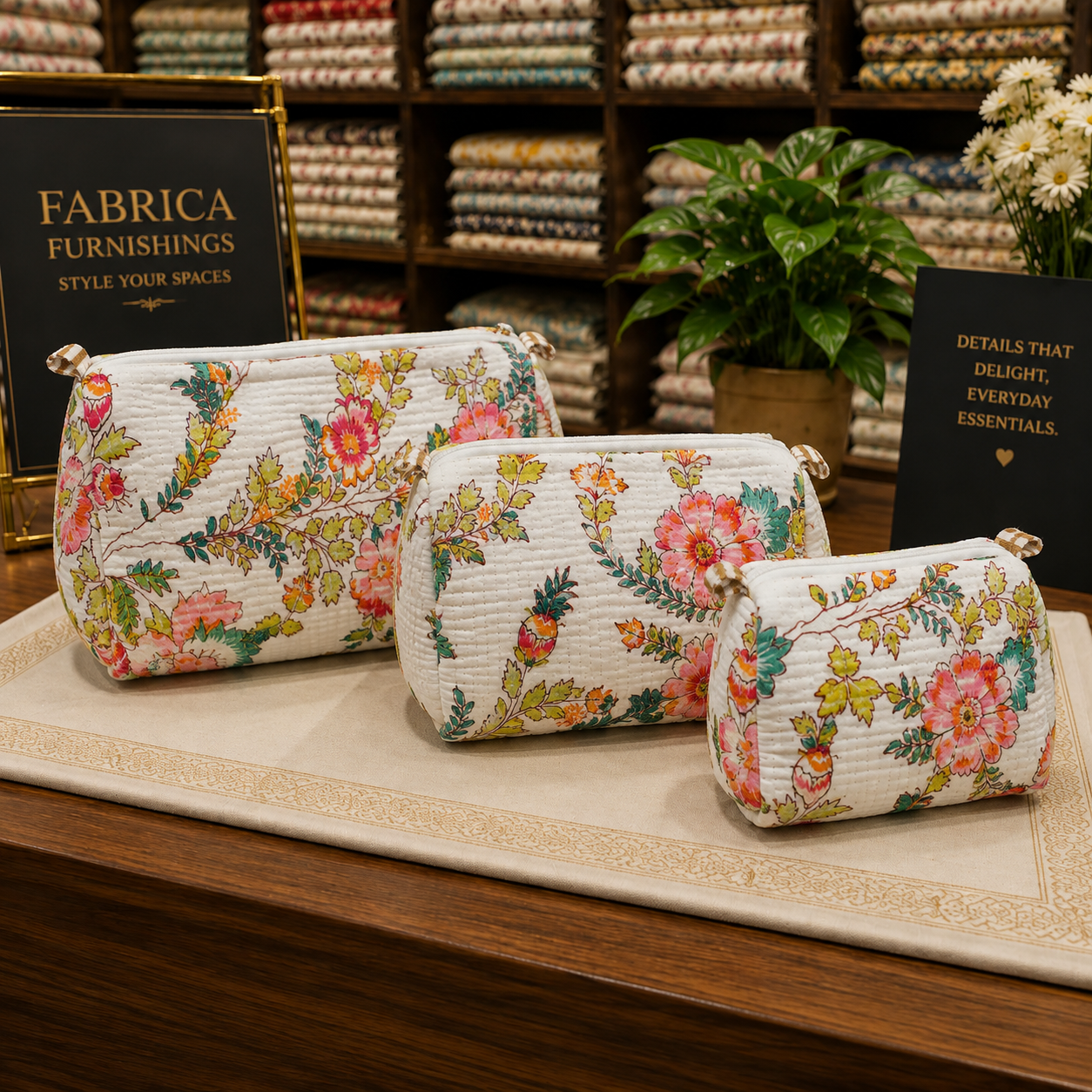 Floral Handcrafted Cotton Quilted Pouches – Set of 3