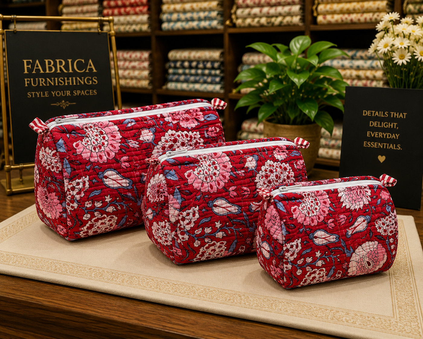Red Floral Handcrafted Pure Cotton Quilted Pouches – Set of 3
