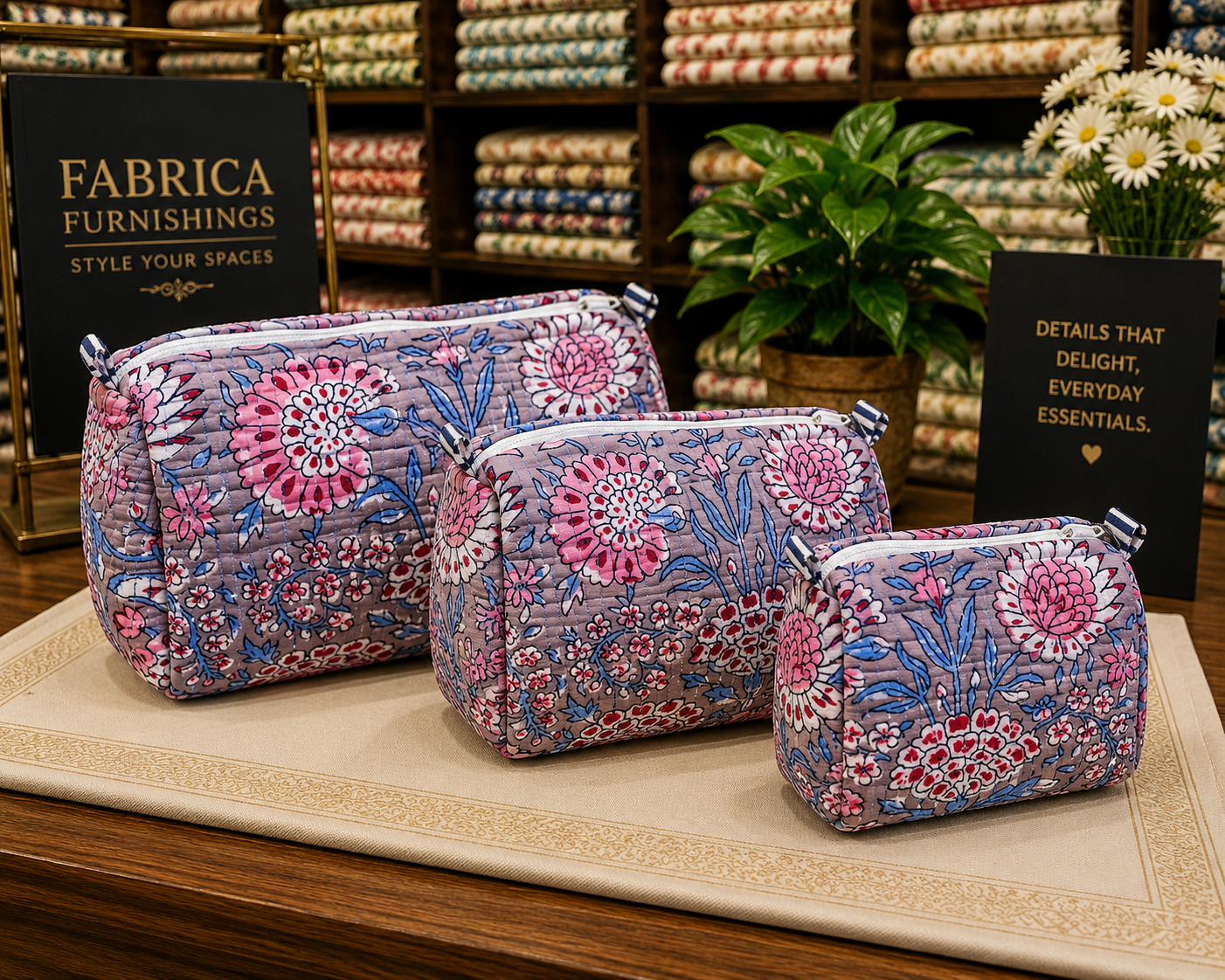 Blue Floral Handcrafted Pure Cotton Quilted Pouches – Set of 3