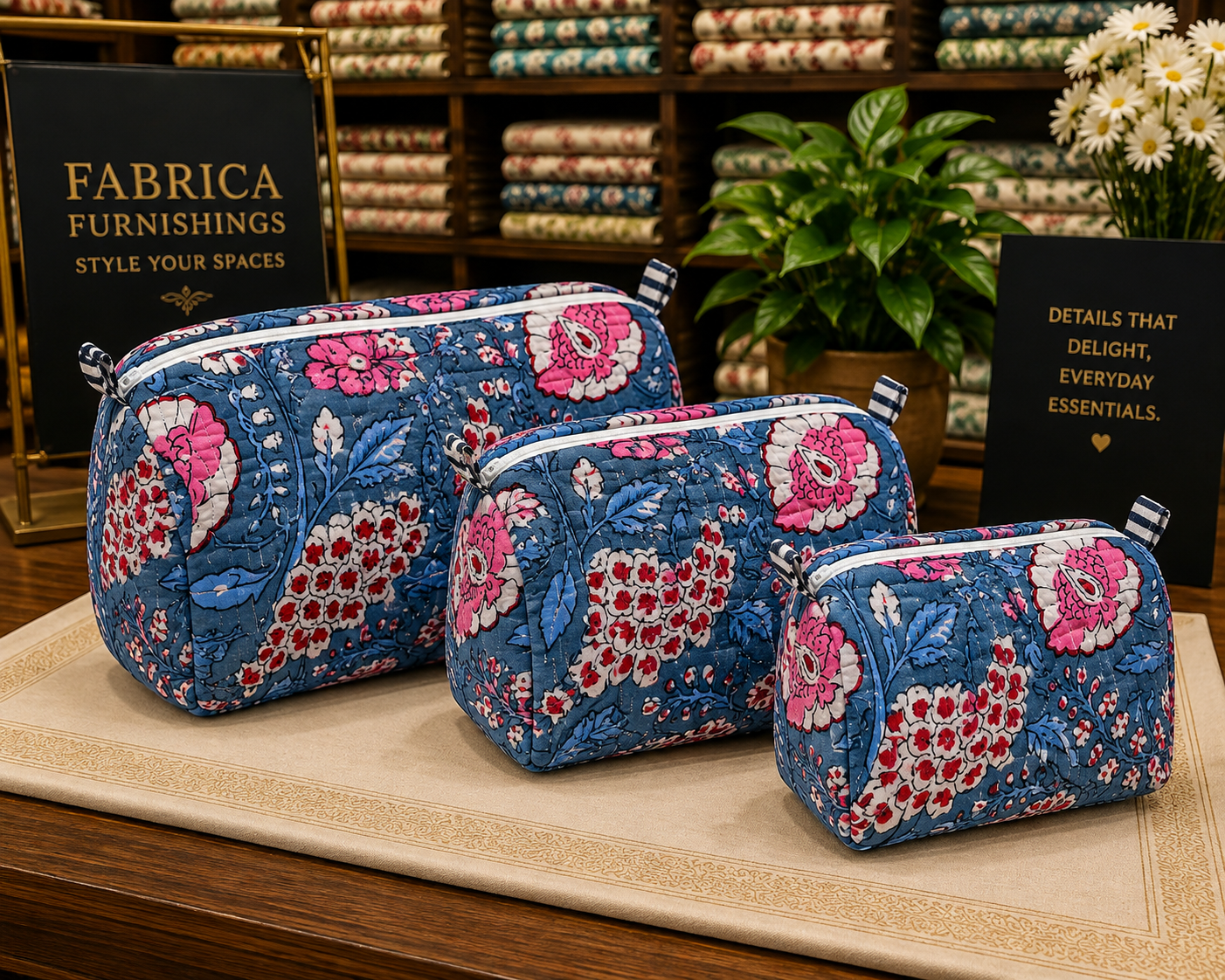 Navy Floral Handcrafted Pure Cotton Quilted Pouches – Set of 3