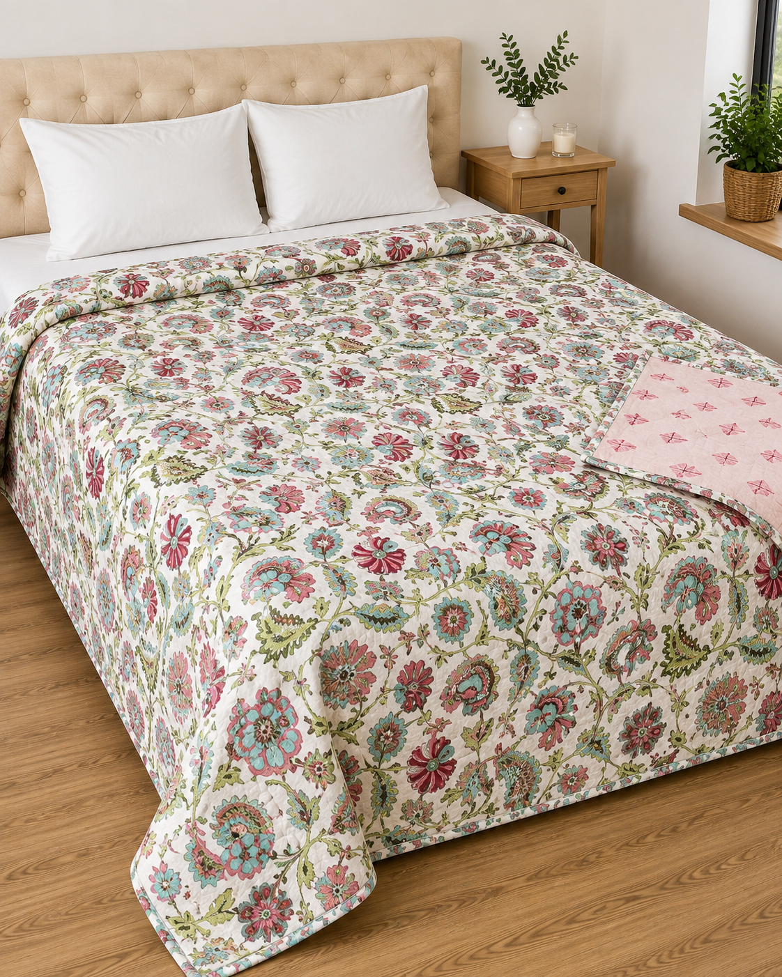 Multicolor Floral Handblock Printed Double Dohar