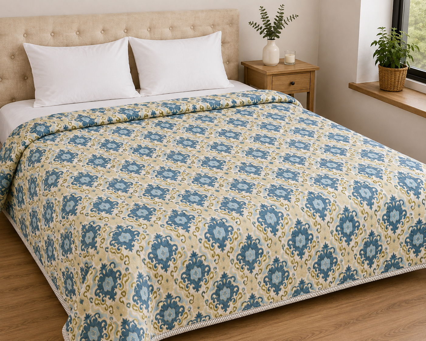 Ivory & Blue Floral Handblock Printed Double Dohar