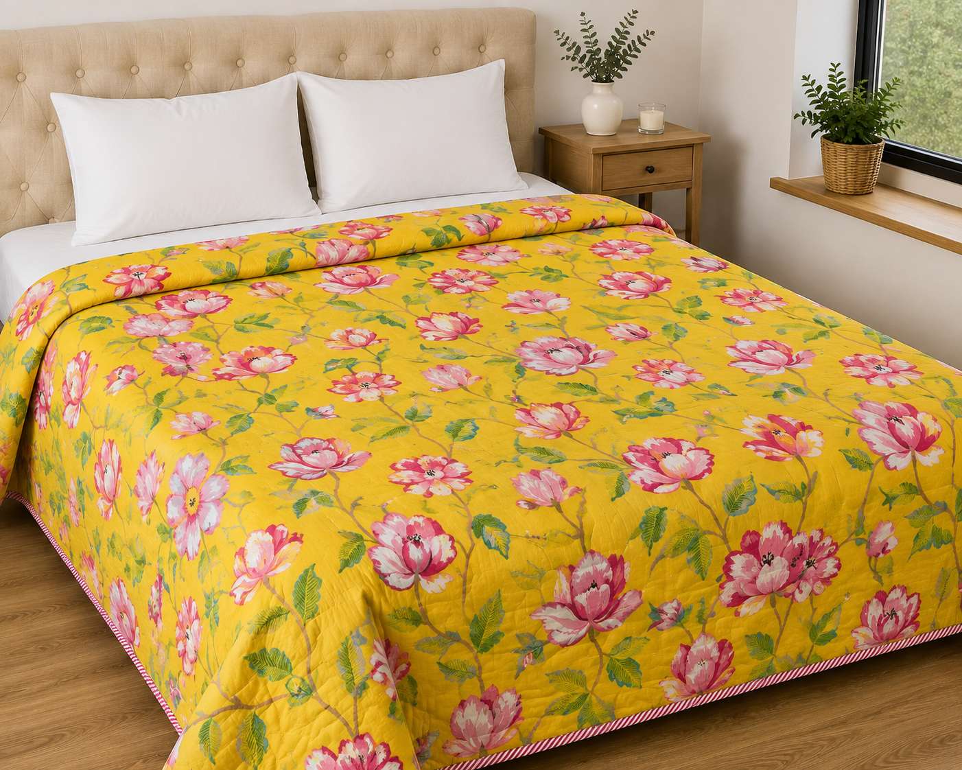 Mustard Yellow Floral Handblock Printed Double Dohar