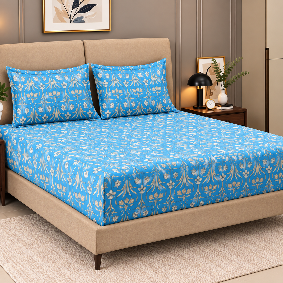 Majestic Premium Pure Cotton King Size Blue & White Floral Printed Bedsheet Set