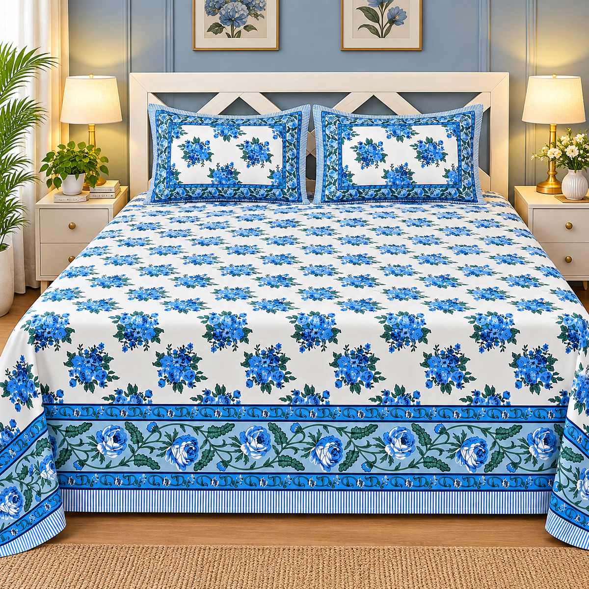 Mughal Utsav Premium Pure Cotton King Size White & Blue Floral Printed Bedsheet