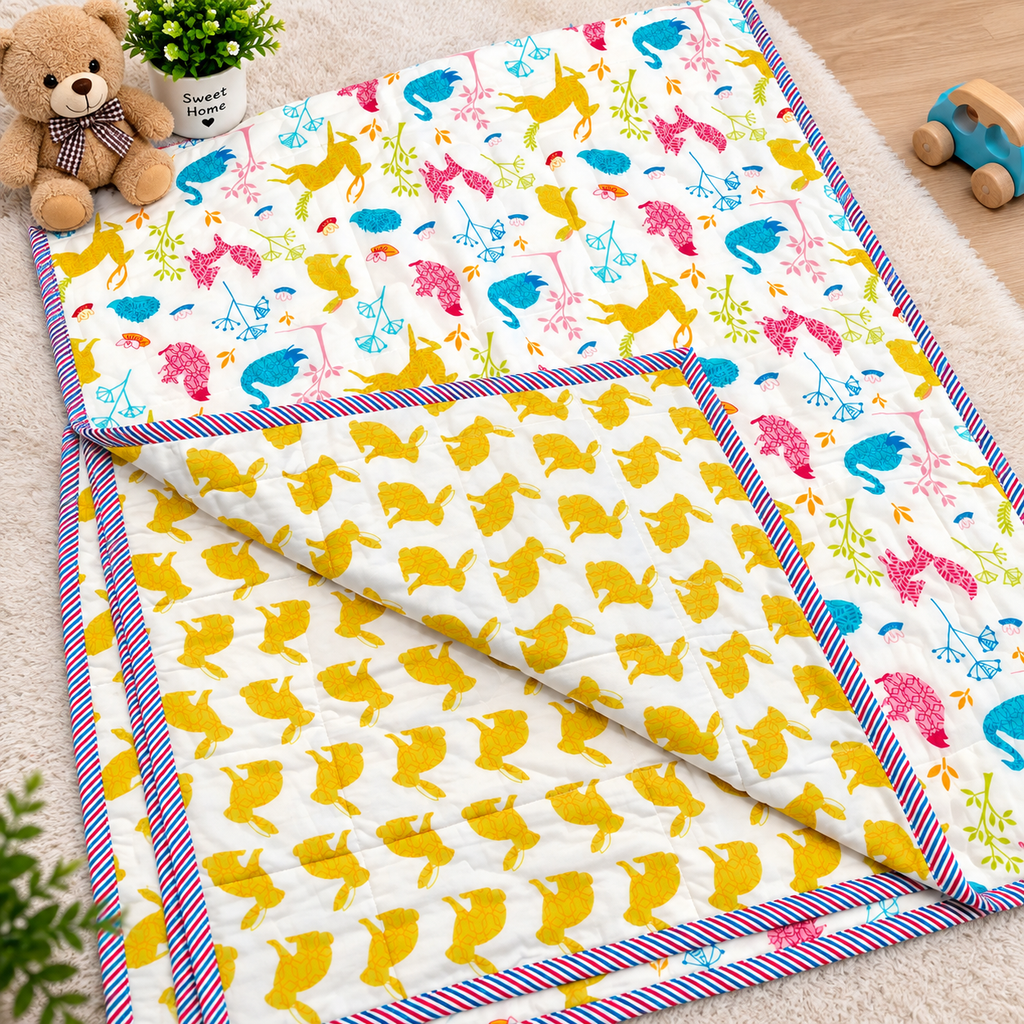 Kidee Bunny Garden Printed Pure Mul Cotton Reversible Baby Quilt