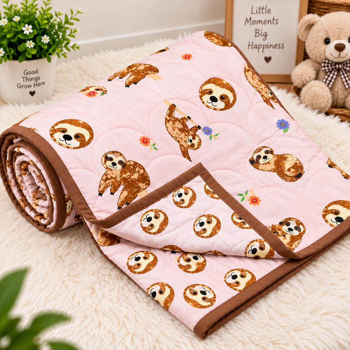 Kidee Sloth Printed Pure Mul Cotton Reversible Baby Quilt