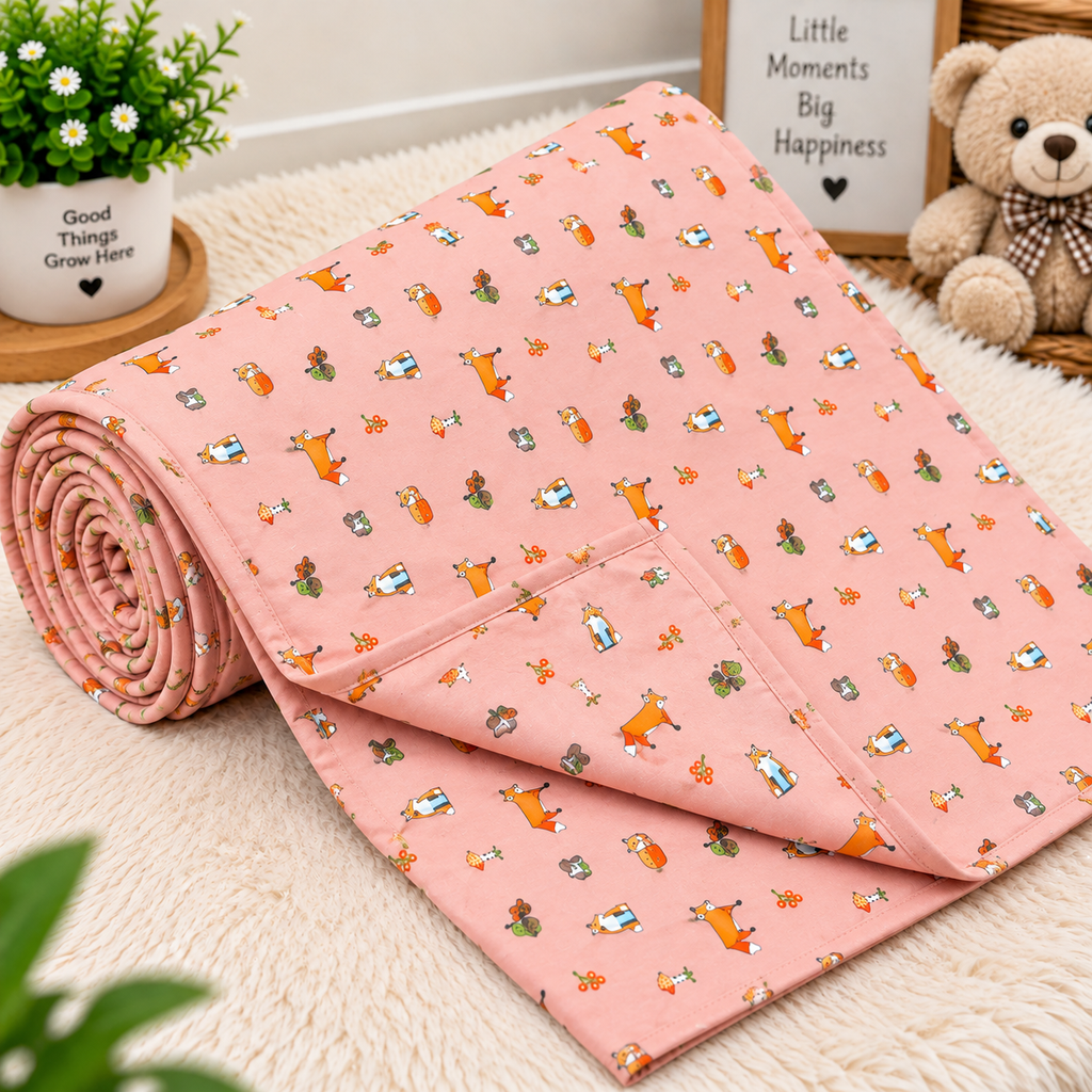 Baby Grace Pink Fox Printed Pure Mul Cotton Reversible Baby Quilt
