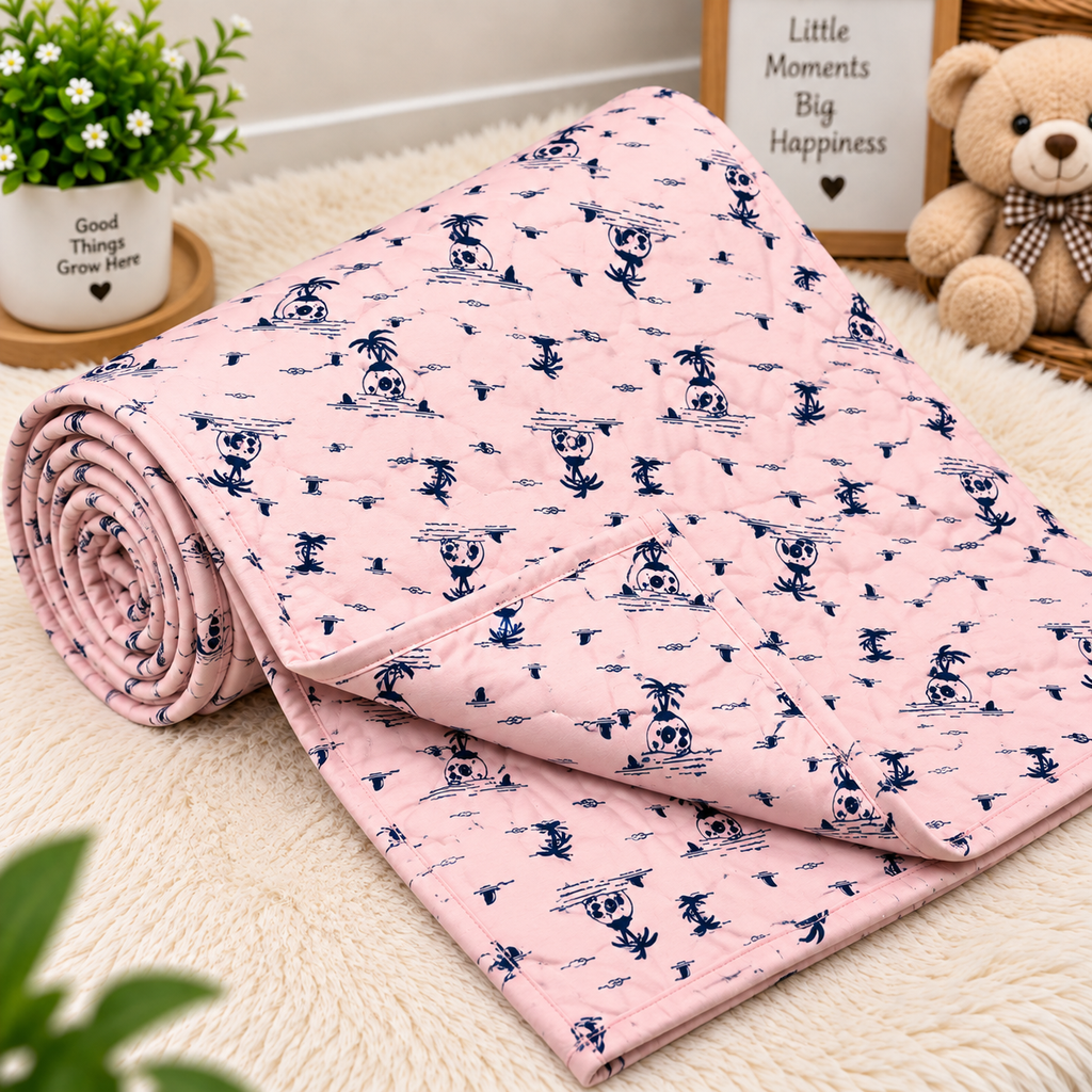 Baby Grace Pink & Navy Blue Panda Printed Pure Mul Cotton Reversible Baby Quilt