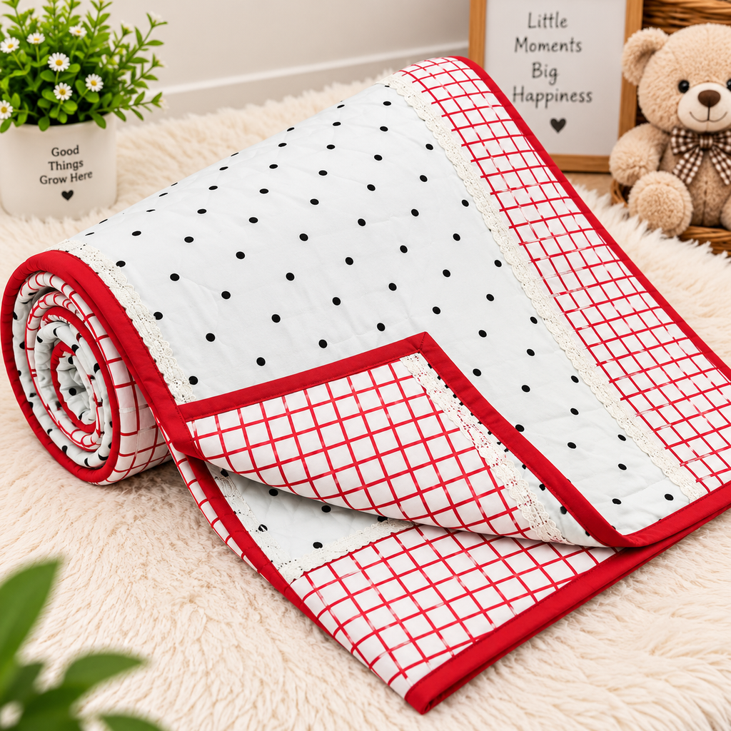 Baby Grace Red & White Polka Dot & Checkered Pure Mul Cotton Reversible Baby Quilt