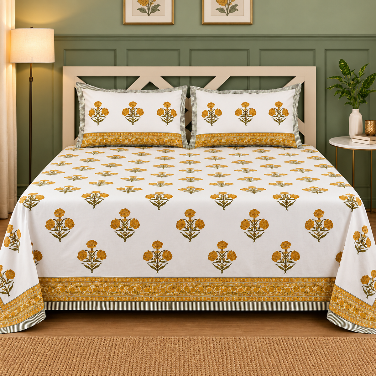 Blissful Mustard Floral Hand Block Printed Super King-Size Cotton Bedsheet (400TC)