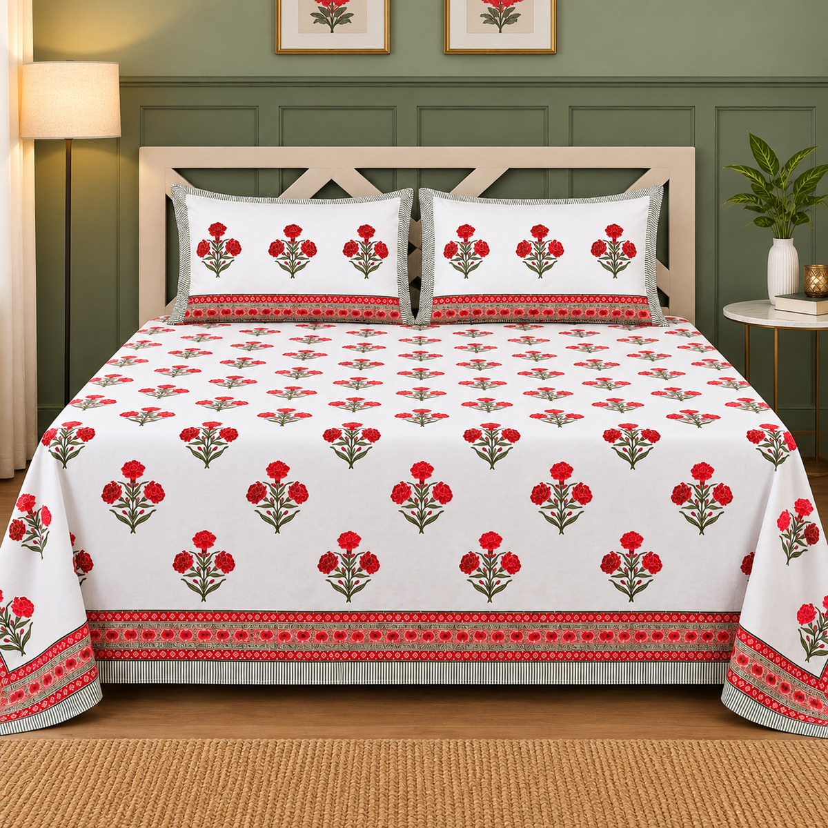 Blissful Red Floral Hand Block Printed Super King-Size Cotton Bedsheet (400TC)