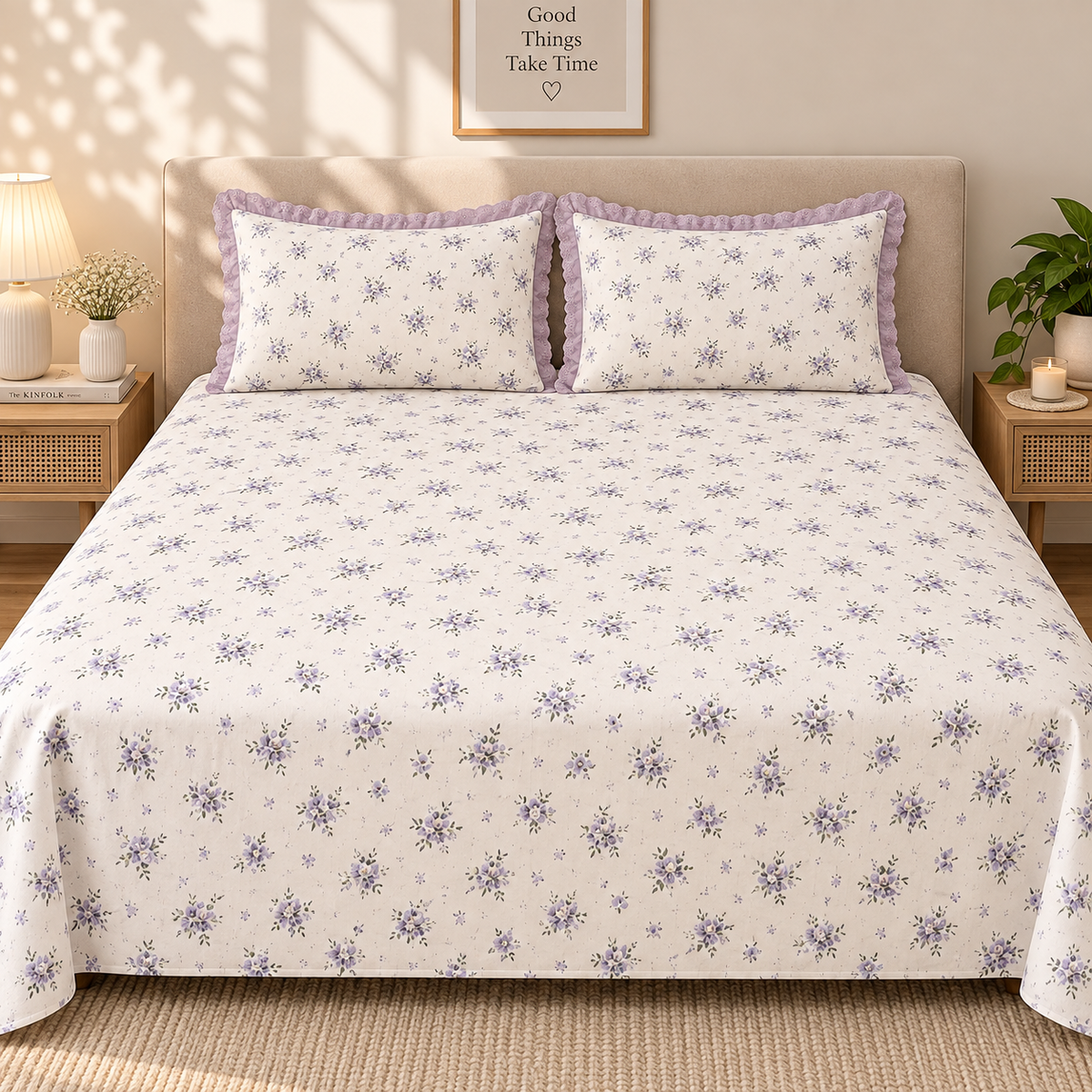Secret Garden Lavender Floral Printed King Size Imported Fabric Bedsheet Set