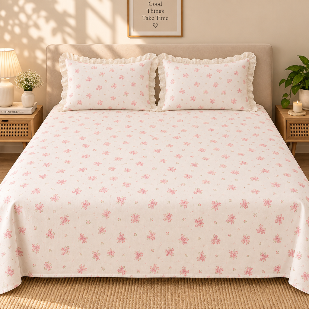 Secret Garden Pink Floral Printed King Size Imported Fabric Bedsheet Set