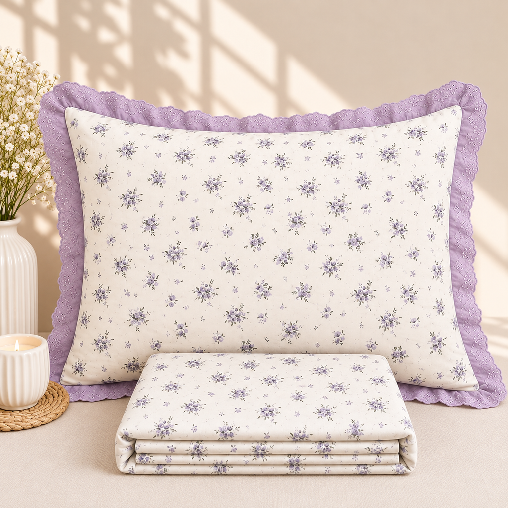 Secret Garden Lavender Floral Printed King Size Imported Fabric Bedsheet Set