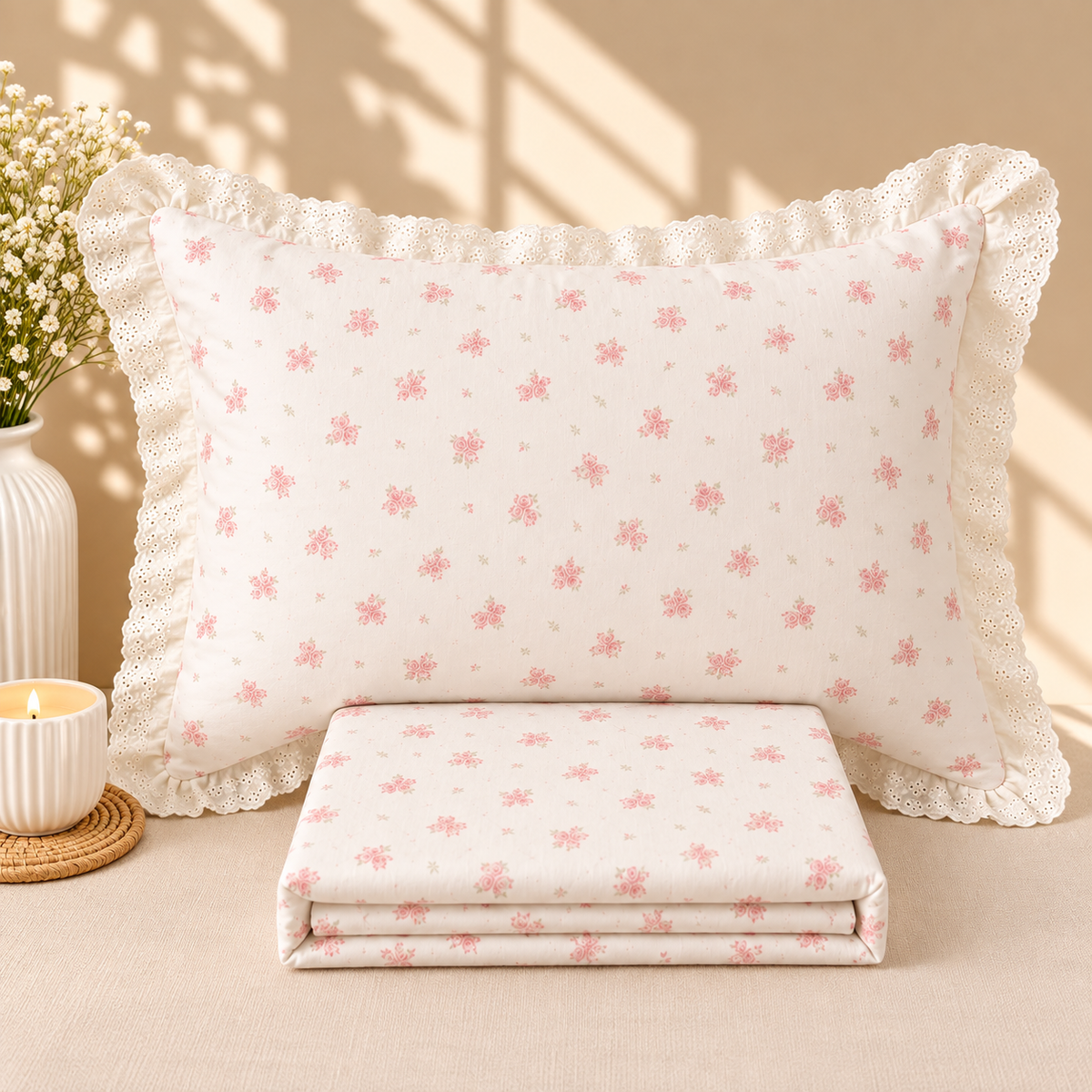 Secret Garden Pink Floral Printed King Size Imported Fabric Bedsheet Set