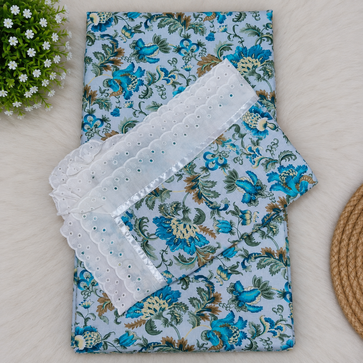 Wildvine Sky Blue & Royal Blue Floral Printed King Size Imported Fabric Bedsheet Set