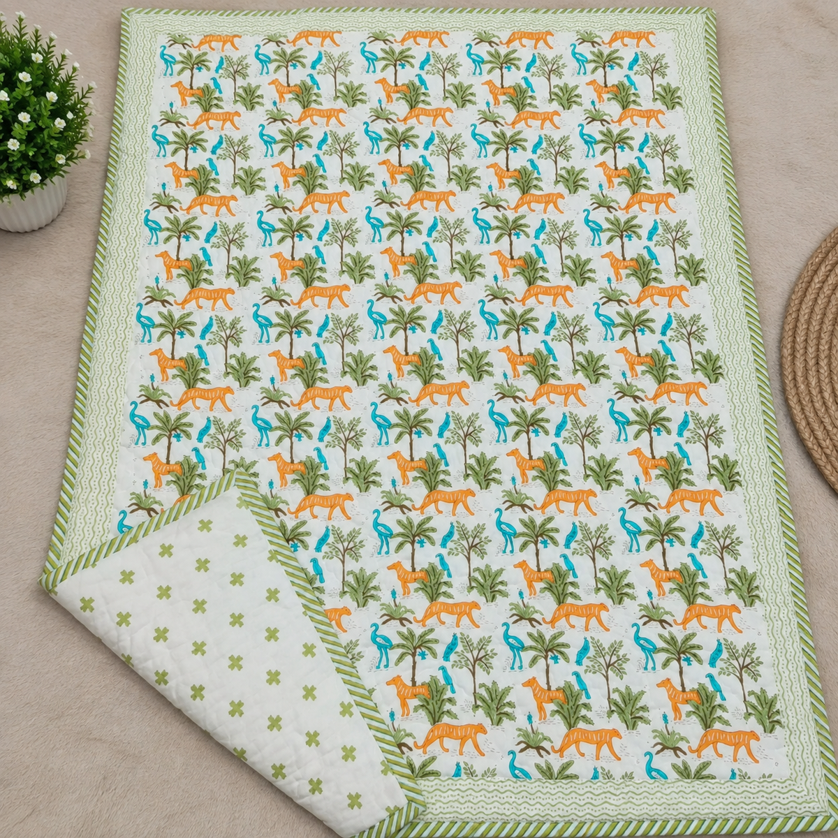 Little Dreamers Safari Jungle Printed Pure Mul Cotton Reversible Baby Quilt