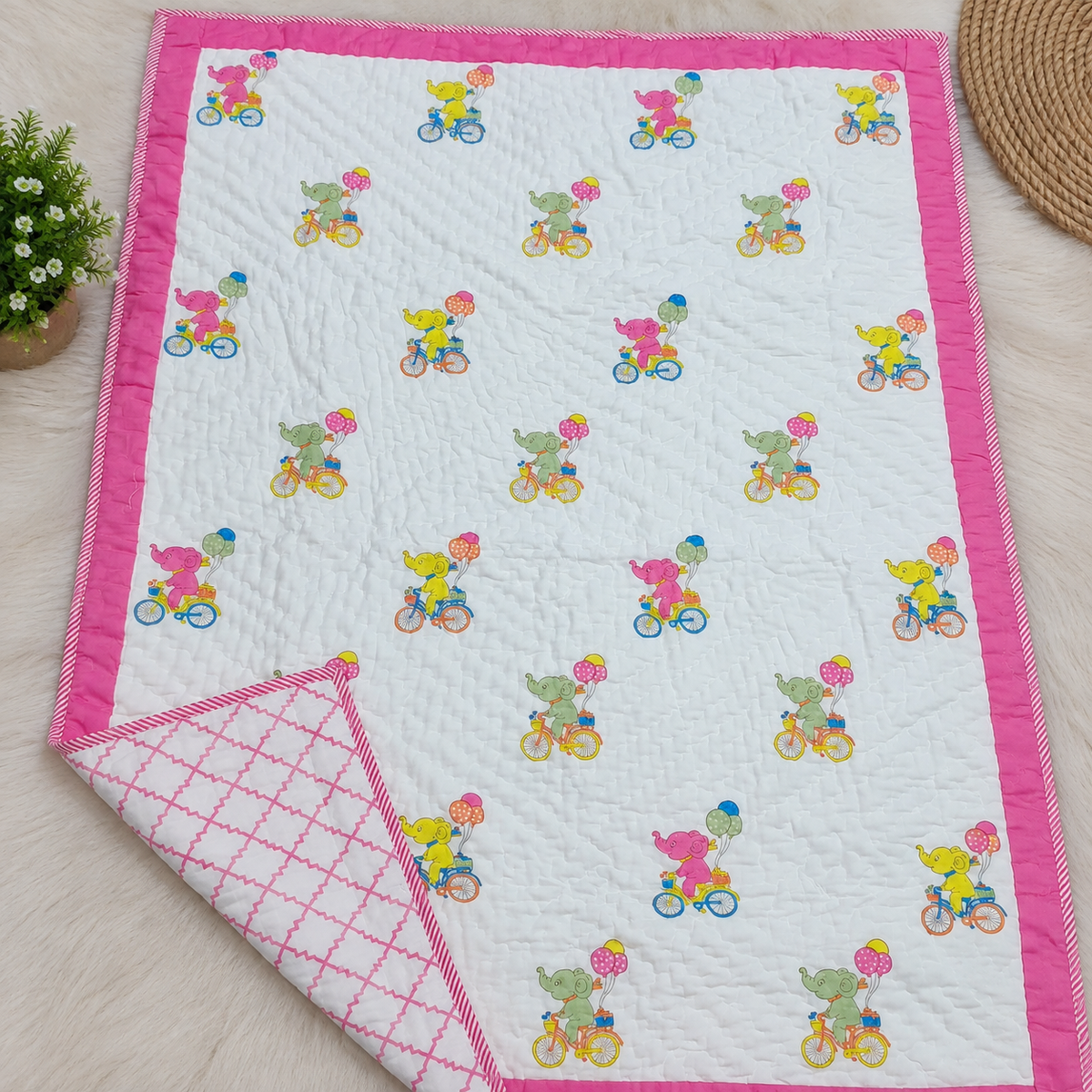 Little Dreamers Bicycle Buddies Printed Pure Mul Cotton Reversible Baby Quilt