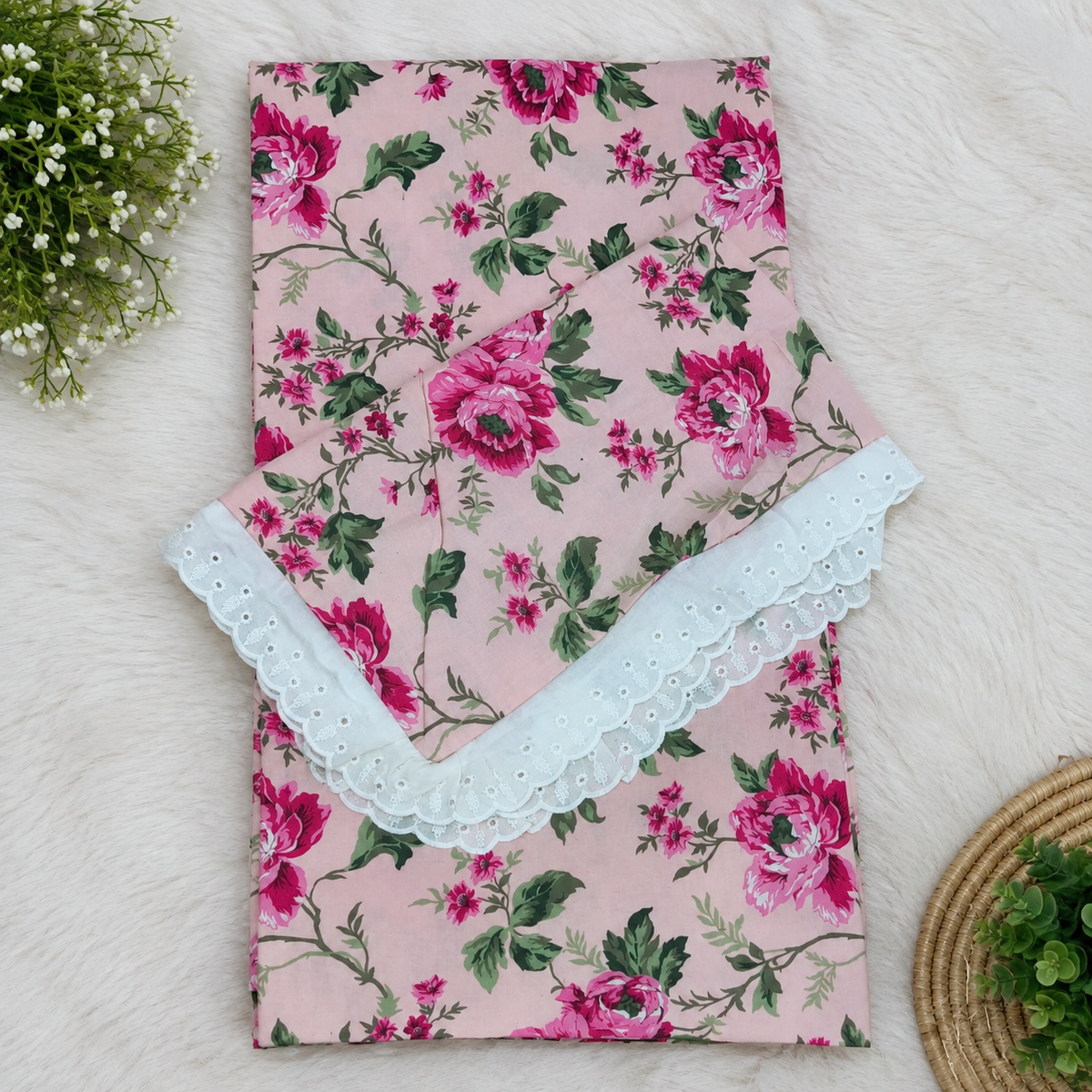 Wildvine Pink Floral Printed King Size Imported Fabric Bedsheet Set