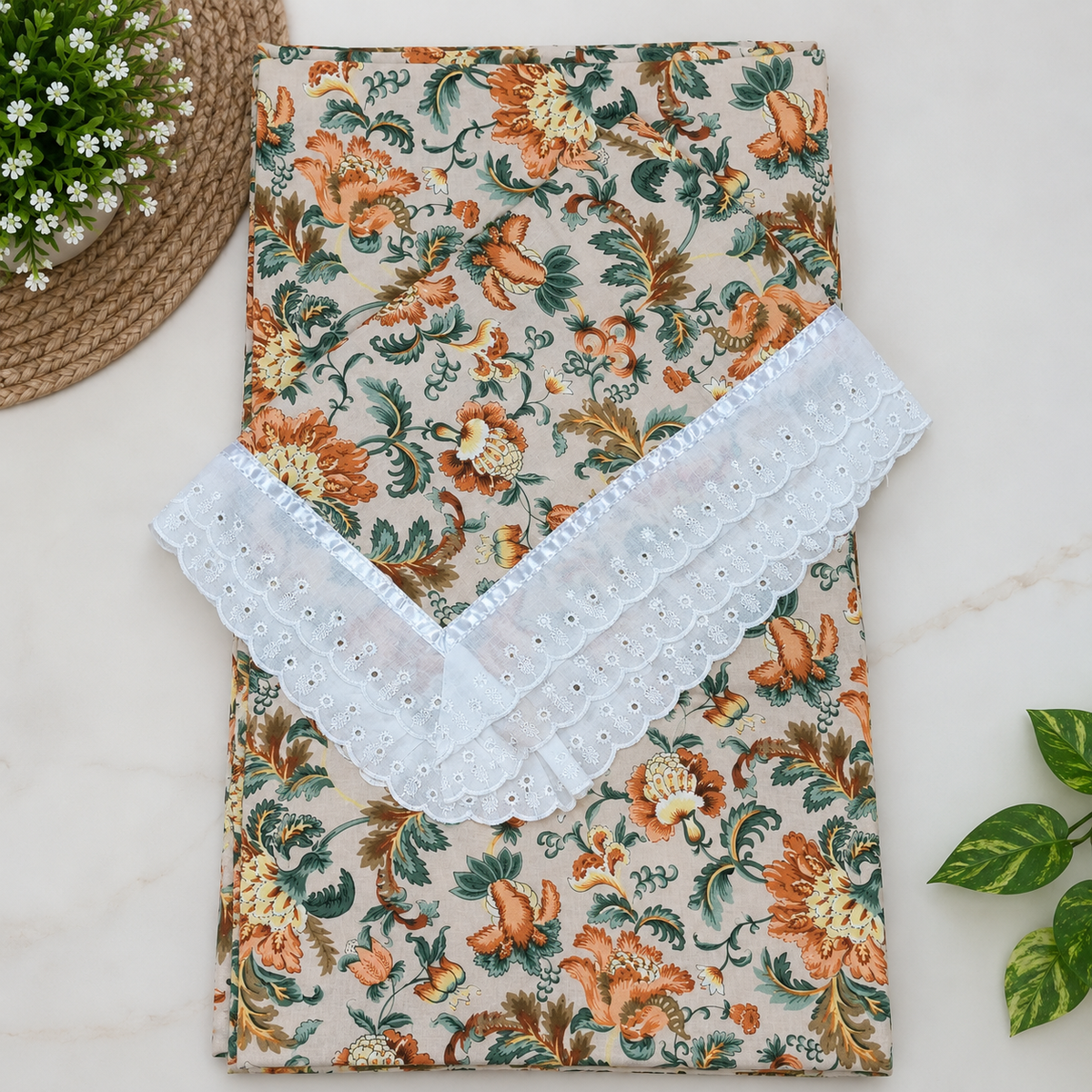 Wildvine Beige & Orange Floral Printed King Size Imported Fabric Bedsheet Set