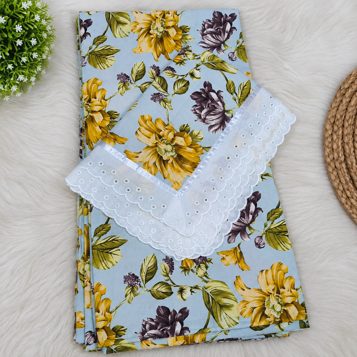 Wildvine Sky Blue & Yellow Floral Printed King Size Imported Fabric Bedsheet Set