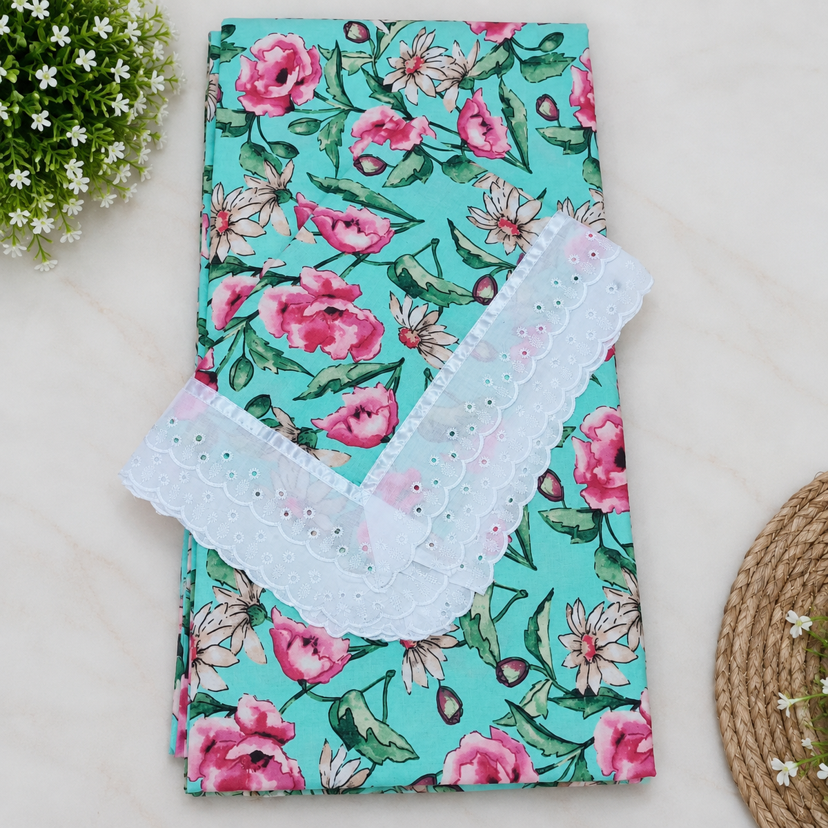Wildvine Aqua Blue & Pink Floral Printed King Size Imported Fabric Bedsheet Set