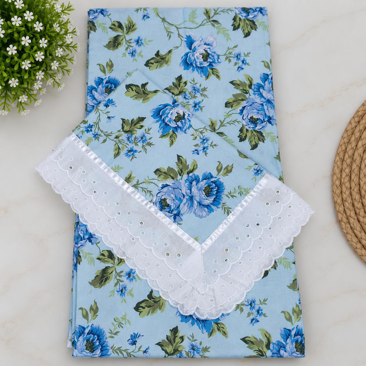 Wildvine Sky Blue & Royal Blue Floral Printed King Size Imported Fabric Bedsheet Set