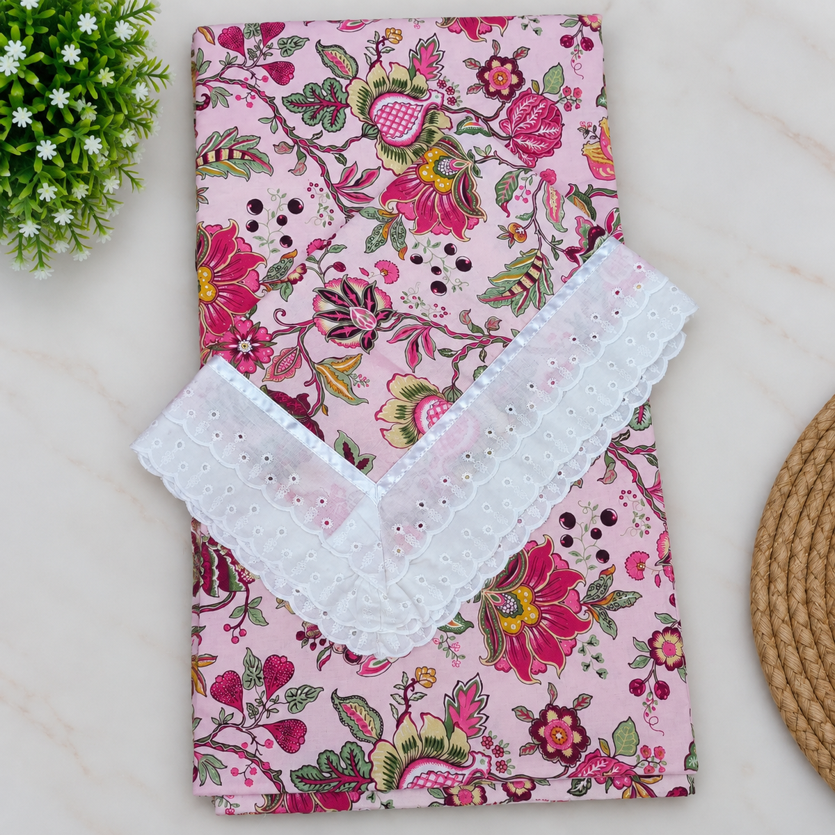 Wildvine Pink & Multicolor Floral Printed King Size Imported Fabric Bedsheet Set