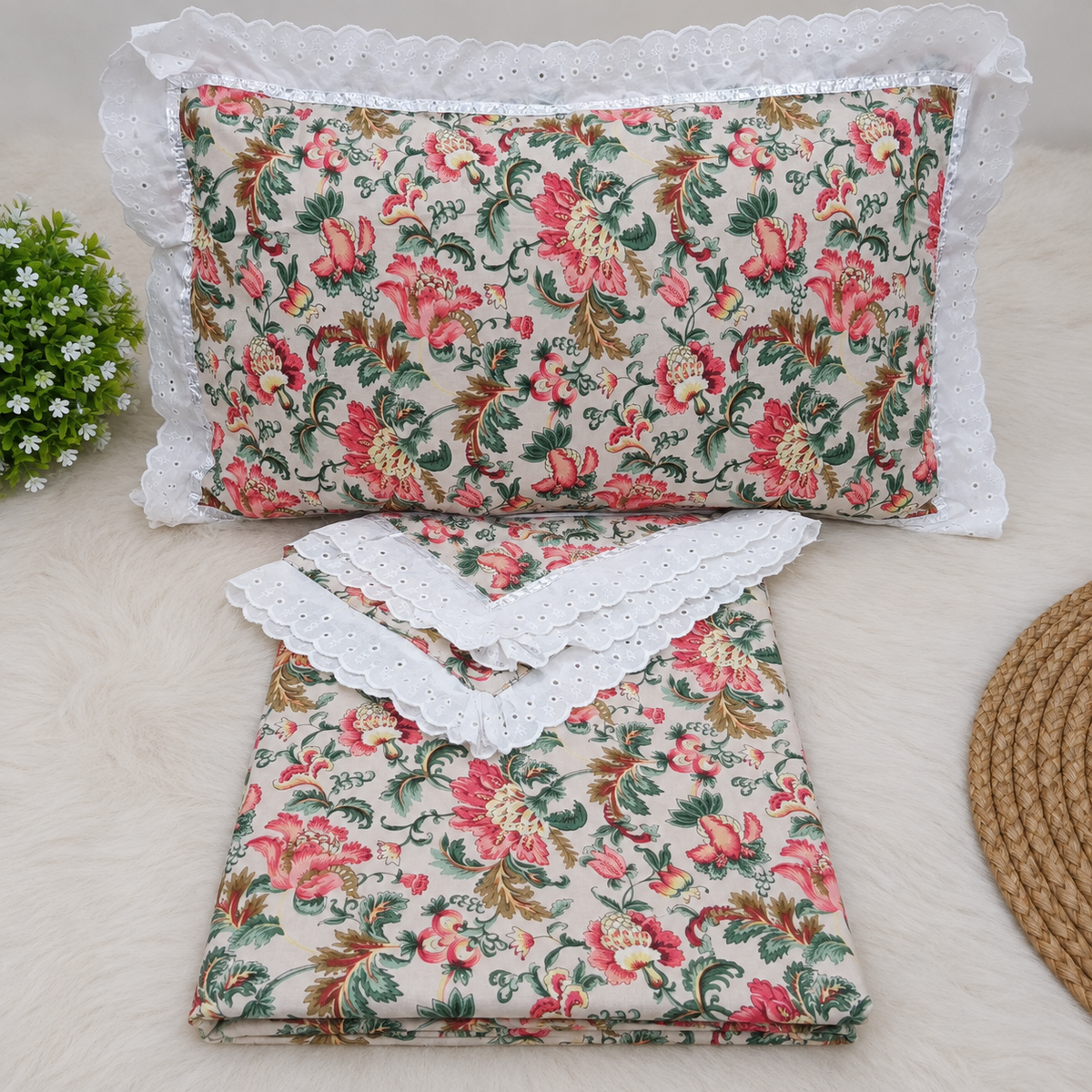 Wildvine Pink & Green Floral Printed King Size Imported Fabric Bedsheet Set