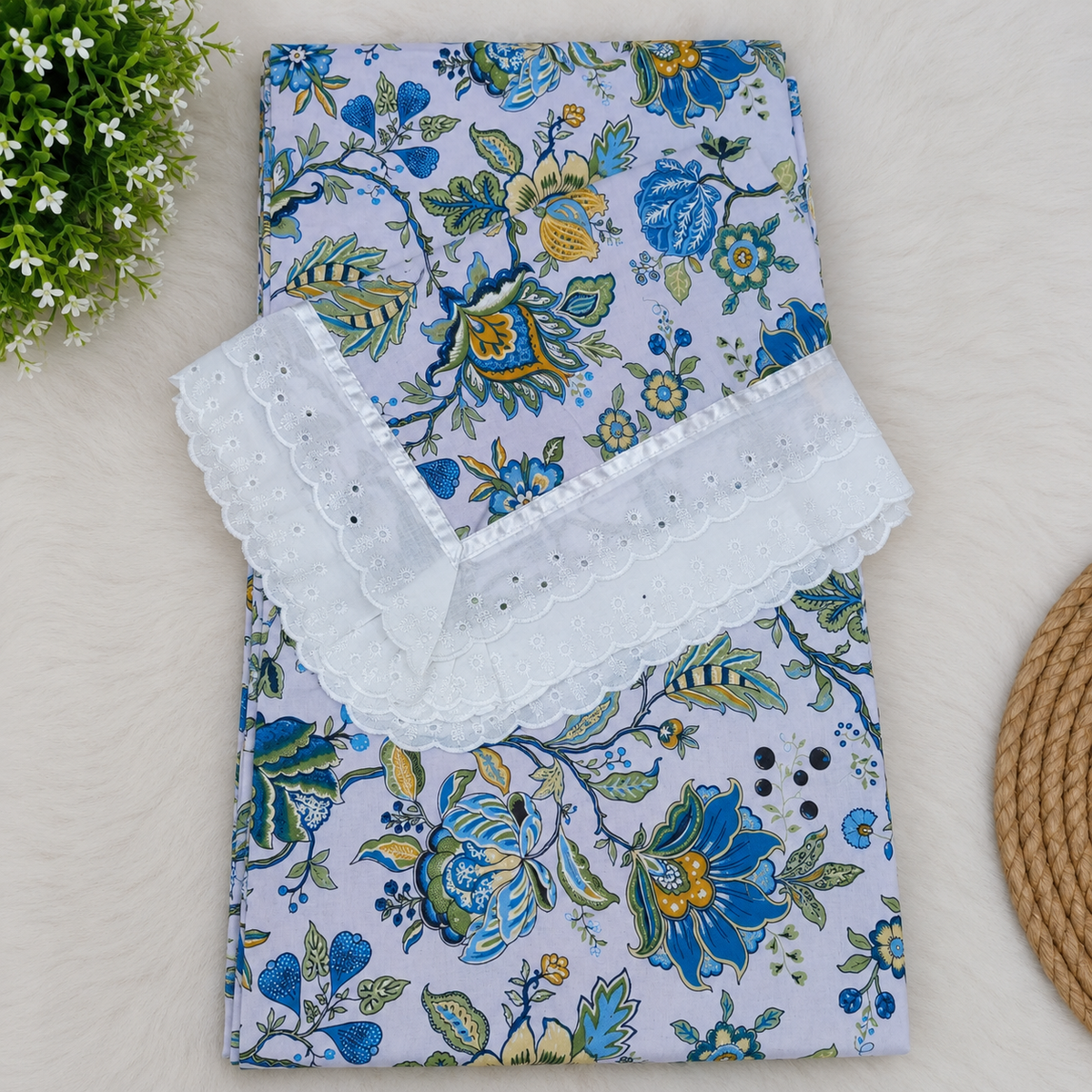 Wildvine Lavender & Blue Floral Printed King Size Imported Fabric Bedsheet Set