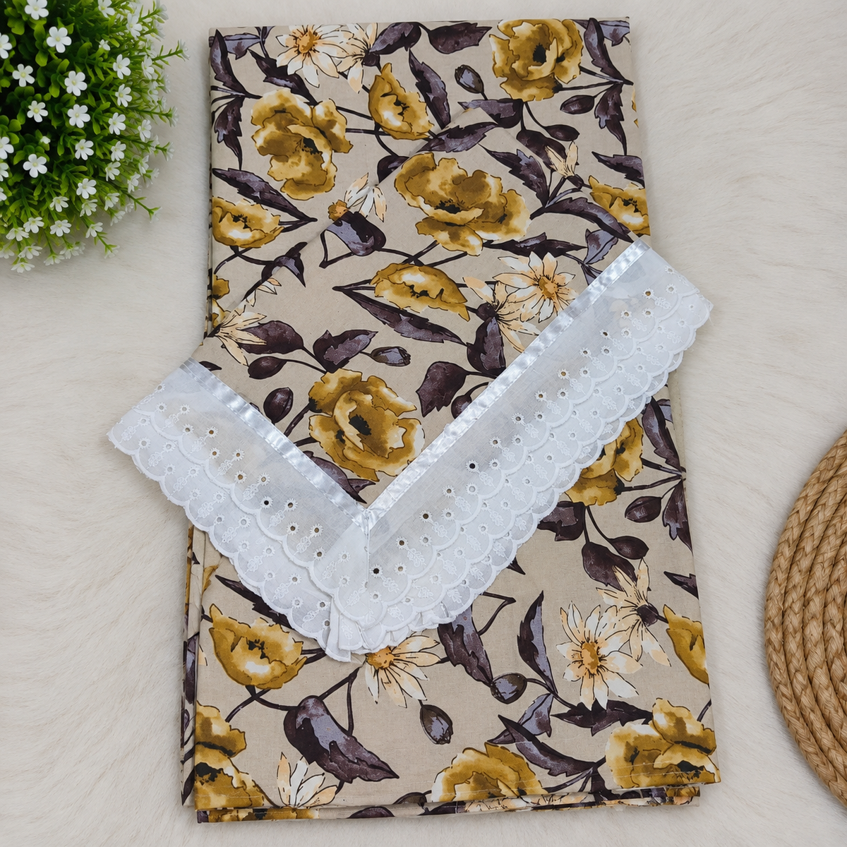 Wildvine Beige & Mustard Floral Printed King Size Imported Fabric Bedsheet Set