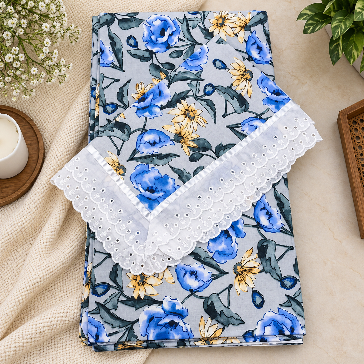 Wildvine Grey & Blue Floral Printed King Size Imported Fabric Bedsheet Set