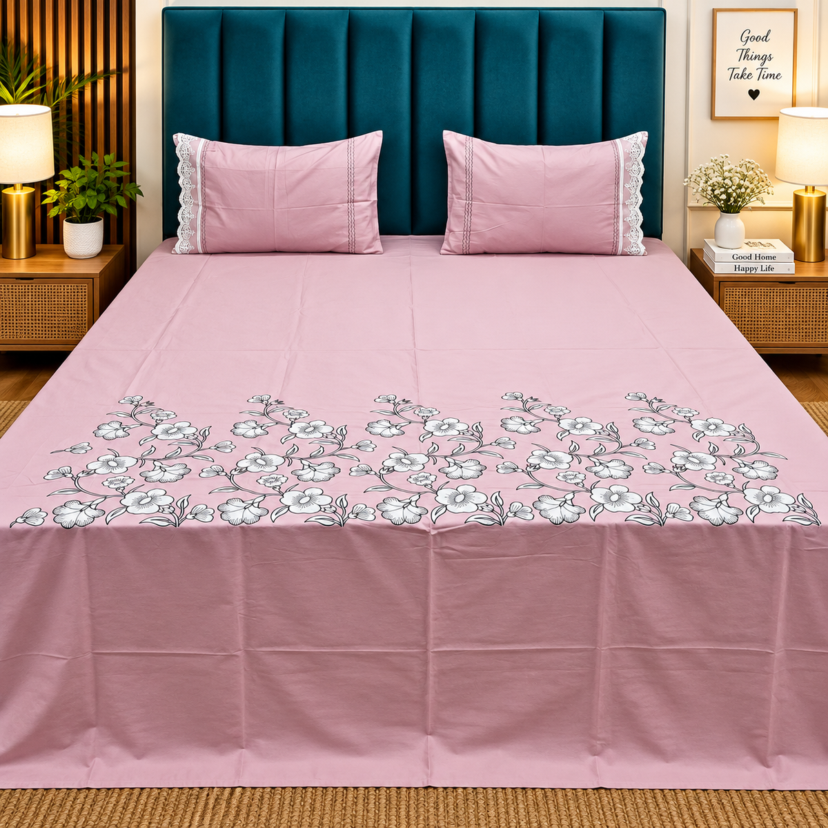 Aurelia Pink Floral Garden Embroidered Premium Pure Cotton Super King-Size Bedsheet