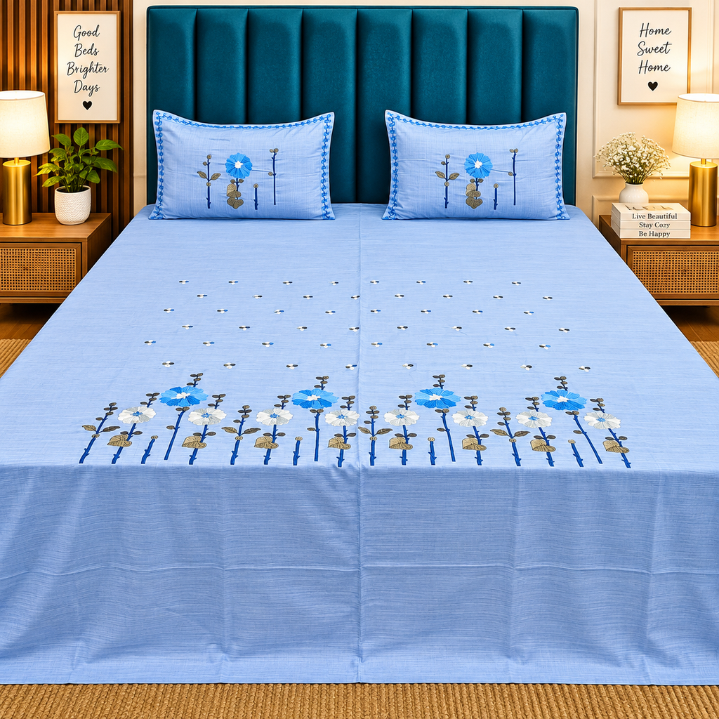 Roselyn Sky Blue Floral Embroidered Pure Cotton King-Size Bedsheet