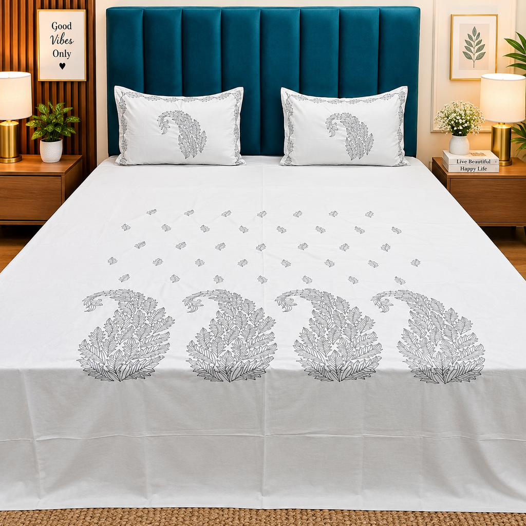 Roselyn White Floral Embroidered Pure Cotton King-Size Bedsheet