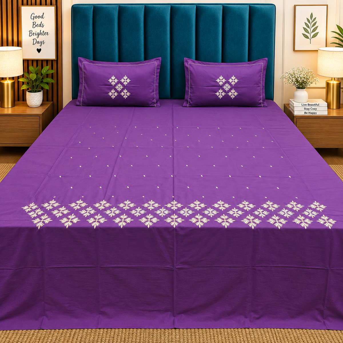 Roselyn Purple Floral Embroidered Pure Cotton King-Size Bedsheet