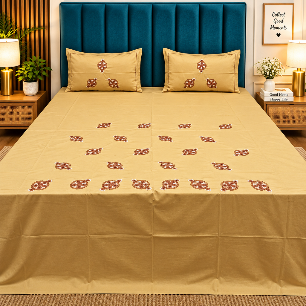 Roselyn Mustard Yellow Floral Embroidered Pure Cotton King-Size Bedsheet