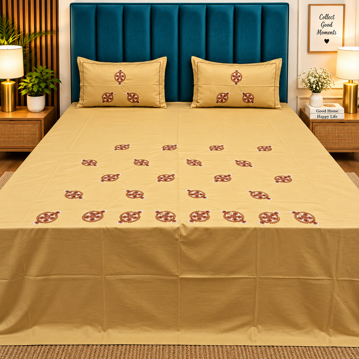 Roselyn Mustard Yellow Floral Embroidered Pure Cotton King-Size Bedsheet