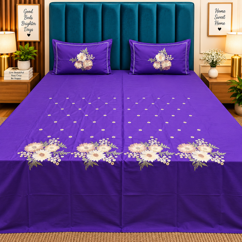 Roselyn Royal Purple Floral Embroidered Pure Cotton King-Size Bedsheet