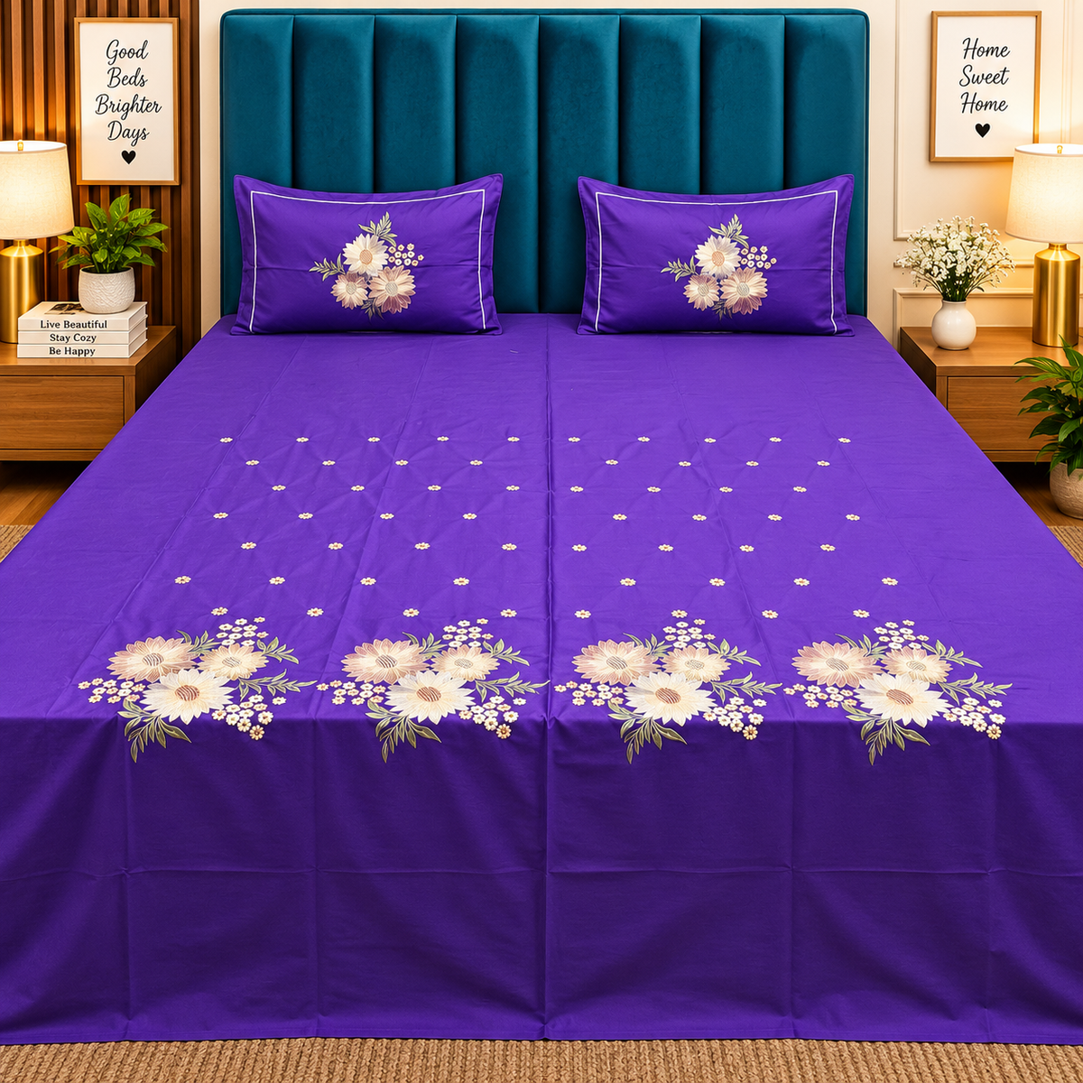 Roselyn Royal Purple Floral Embroidered Pure Cotton King-Size Bedsheet
