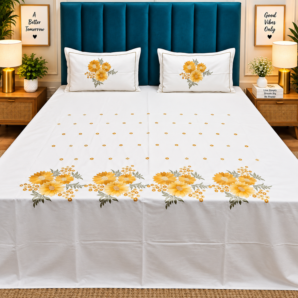 Roselyn White & Mustard Floral Embroidered Pure Cotton King-Size Bedsheet