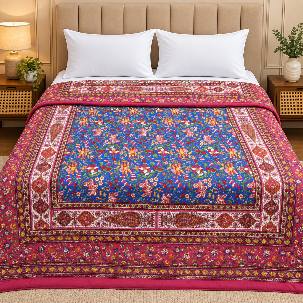 Pink Mahal Royal Floral Printed Double Bed Pure Mul Mul Cotton Quilt
