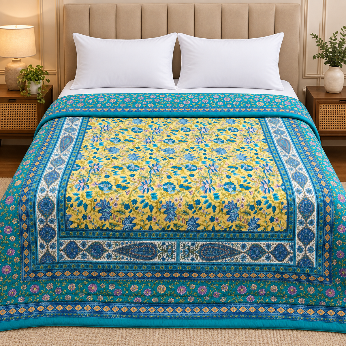 Pink Mahal Royal Floral Printed Pure Mul Mul Cotton Double Bed Quilt