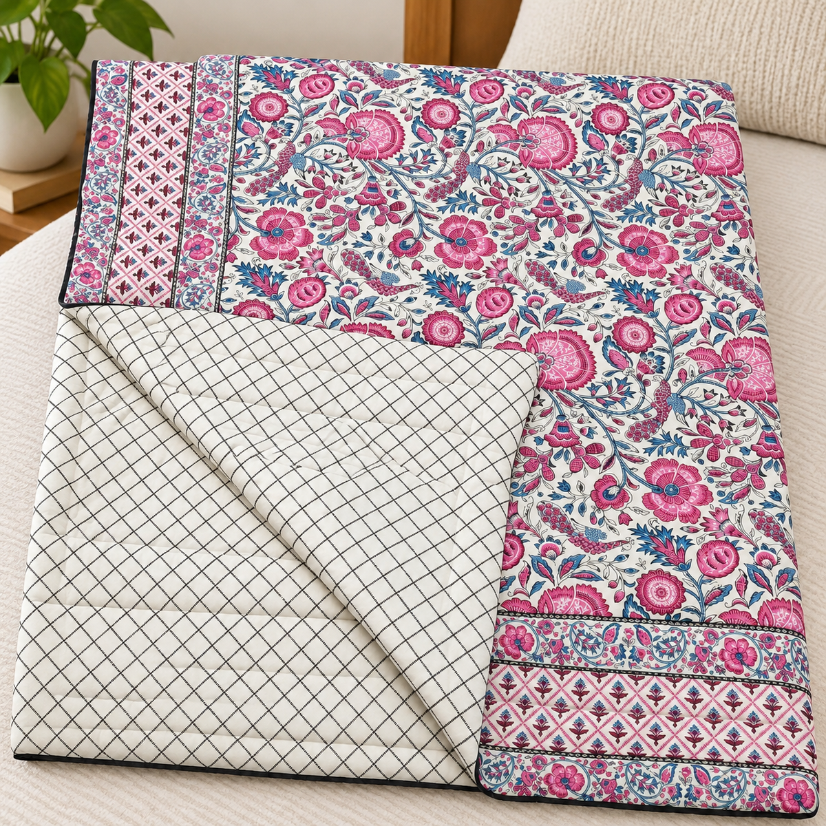Pink Mahal Elegant Pink Floral Printed Double Bed Pure Mul Mul Cotton Quilt
