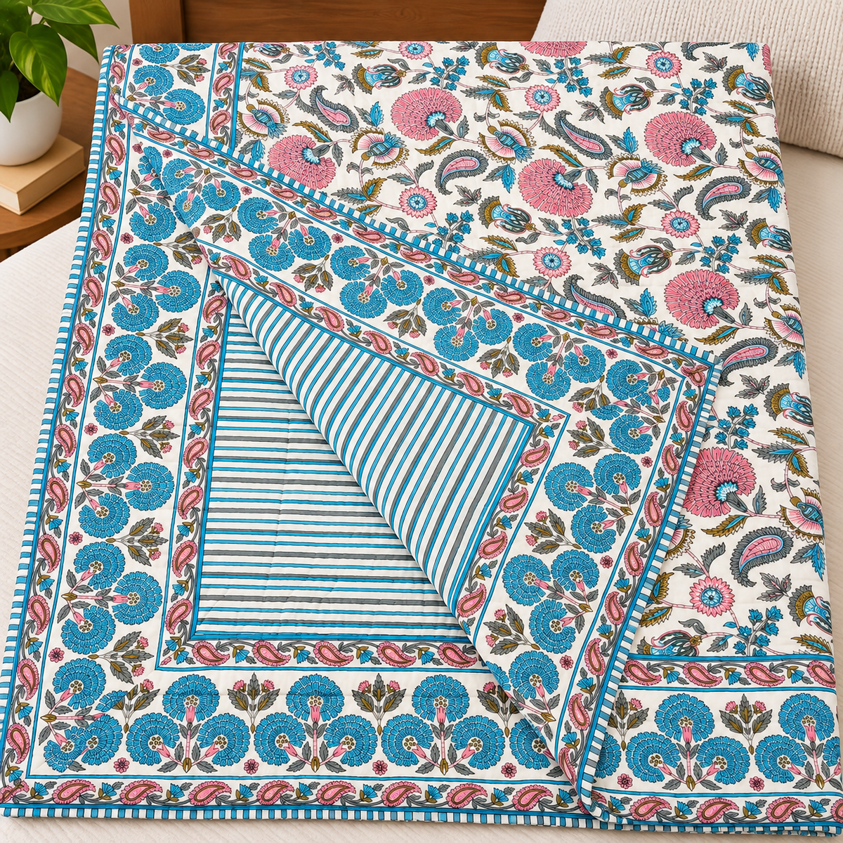 Pink Mahal Royal Blue & Pink Floral Printed Double Bed Pure Mul Mul Cotton Quilt