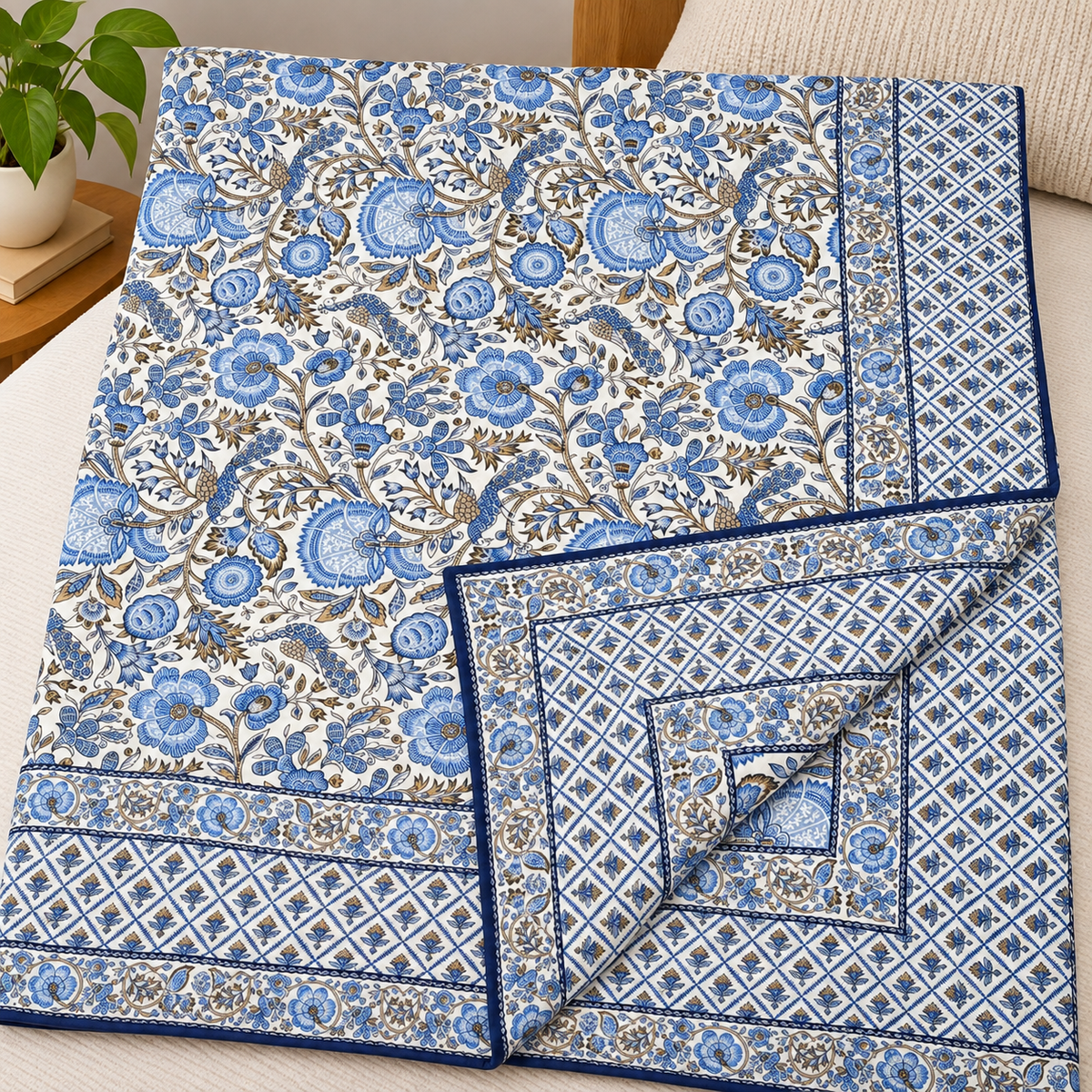 Pink Mahal Elegant Blue Floral Printed Double Bed Pure Mul Mul Cotton Quilt