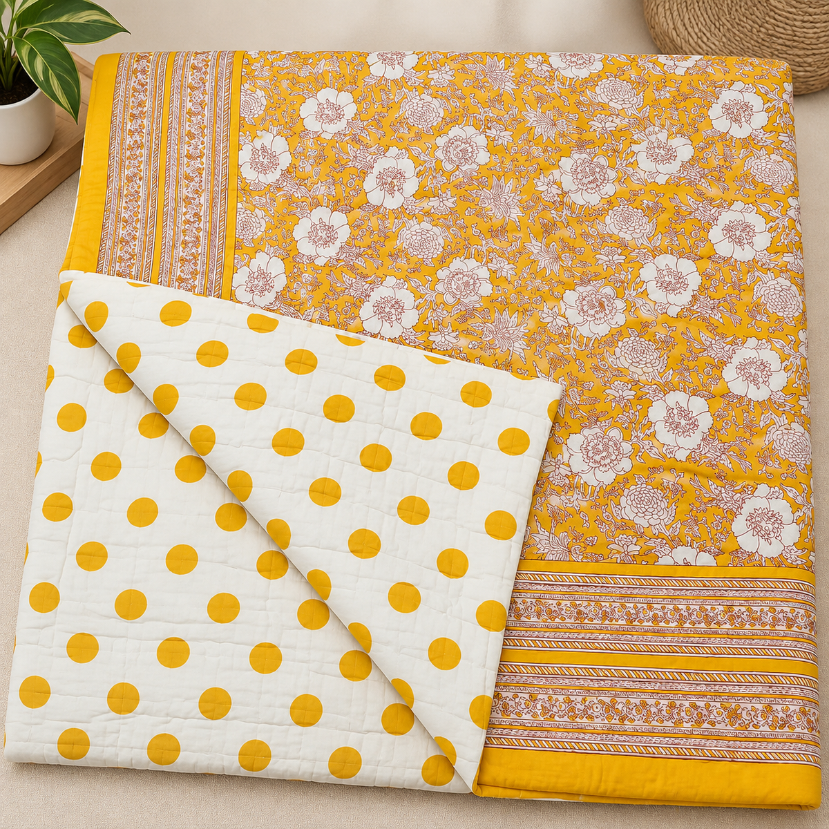 Pink Mahal Royal Mustard Floral Printed Double Bed Pure Mul Mul Cotton Quilt
